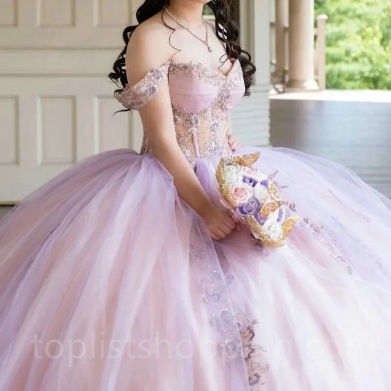 V-Neck Corset Quinceanera Dresses Lace Appliques Beads Off The Shoulder For Girls Ball Gown