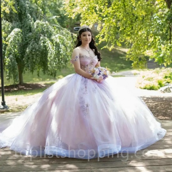 V-Neck Corset Quinceanera Dresses Lace Appliques Beads Off The Shoulder For Girls Ball Gown