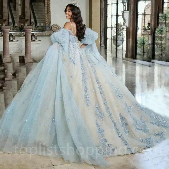 V-Neck Spaghetti Strap Sequin Puff Sleeves Quinceanera Evening Dress 2024 Ball Gown