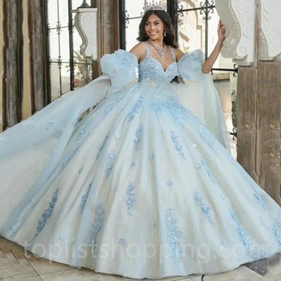 V-Neck Spaghetti Strap Sequin Puff Sleeves Quinceanera Evening Dress 2024 Sweep Train Prom Dress