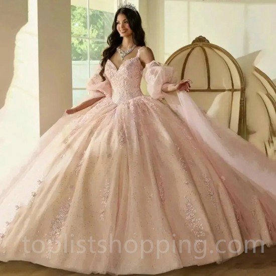 V-Neck Spaghetti Strap Sequin Puff Sleeves Quinceanera Evening Dress 2024 Sweep Train Prom Dress