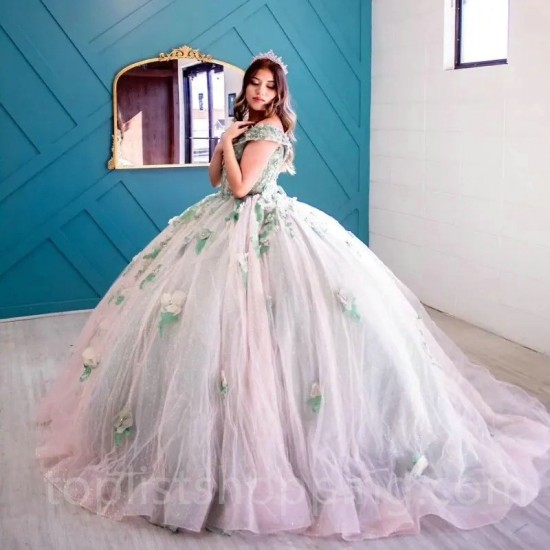 V-Neck Sweet 16 Quinceanera Dress Off Shoulder Appliquéd Flower Ball Gown Princess Party Birthday Dress