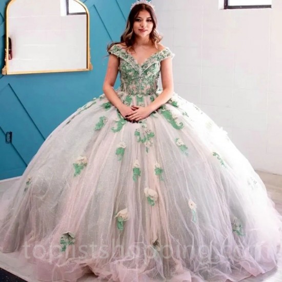 V-Neck Sweet 16 Quinceanera Dress Off Shoulder Appliquéd Flower Ball Gown Princess Party Birthday Dress