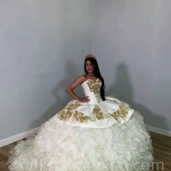 White Gold Princess Charro Queen Embroidery Ruffles Quinceanera Dresses