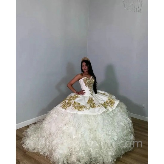 White Gold Princess Charro Queen Embroidery Ruffles Quinceanera Dresses