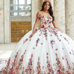 Off The Shoulder White Quinceanera Dress Ball Gown Organza Appliques Embroidery Mexican Sweet 16 Prom 15 Anos