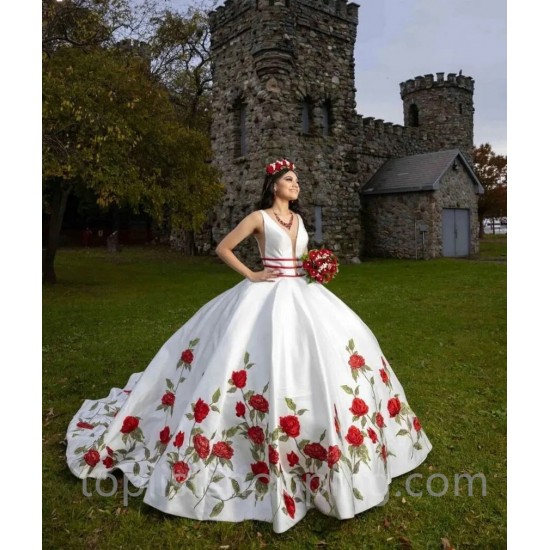 V Neck White Quinceanera Dresses 2024 With Red Flower Embroidery Ball Gown Princess Vestidos De Party Dresses