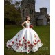 V Neck White Quinceanera Dresses 2024 With Red Flower Embroidery Ball Gown Princess Vestidos De Party Dresses