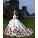 V Neck White Quinceanera Dresses 2024 With Red Flower Embroidery Ball Gown Princess Vestidos De Party Dresses