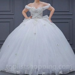 Off Shoulder White Shiny Princess Sweet 16 Quinceanera Dresses Flower Boning Corset vestido para debutante de 15