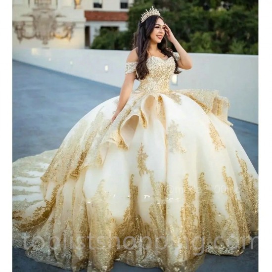 White Shiny Quinceanera Dress Ball Gown Gold Lace Applique Beaded Ruffles Corset Sweet 16 Vestidos De XV 15 Anos