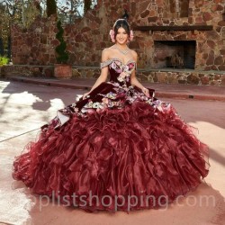 Wine Red Shiny Sweetheart Bodice Medallions 3D Floral Applique Embroidery Tiered Skirt Charro Quinceanera Ball Gown Vest