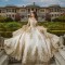 Women’s Champagne Pearl Quinceanera Dresses Long Sleeve Appliqued Beaded Ball Gown