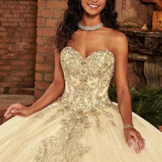 Women’s Champagne Quinceanera Dresses Lace Appliqued Sequined Off Shoulder Ball Gown