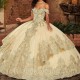 Women’s Champagne Quinceanera Dresses Lace Appliqued Sequined Off Shoulder Ball Gown