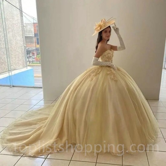 Sweet 15 16 Year Birthday Party Gown Yellow Quinceanera Dress 2024 Princess 