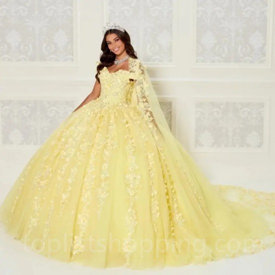 Cape Princess Sweet 16 Gown Yellow Quinceanera Dresses With Cape 2024 Sequins Beads 3D Flowers