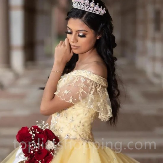 Sparkly Yellow Quinceanera Dresses with Train Ball Gown Beaded Appliques Lace Corset For Sweet 15 Girls Party Dress