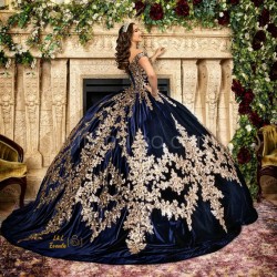 Off Shoulder Navy Blue Quinceanera Dress Lace Appliques V Neck Sweet 15 Gowns