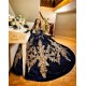 Off Shoulder Navy Blue Quinceanera Dress Lace Appliques V Neck Sweet 15 Gowns