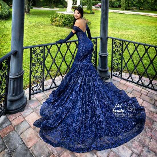 Off Shoulder Navy Blue Sweet 15 Gowns Metallic Sequin Sweetheart Neck Quince Dress