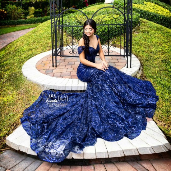 Off Shoulder Navy Blue Sweet 15 Gowns Metallic Sequin Sweetheart Neck Quince Dress