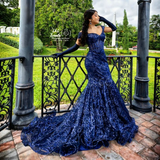 Off Shoulder Navy Blue Sweet 15 Gowns Metallic Sequin Sweetheart Neck Quince Dress