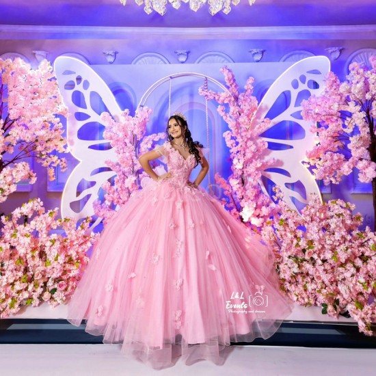 Off Shoulder Pink 15 Dresses Sweetheart Neck Quince Dress With Butterfly