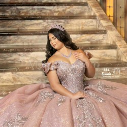 Off Shoulder Rose Gold Quinceanera Dress Lace Appliques Sweetheart Neck Sweet 15 Gowns