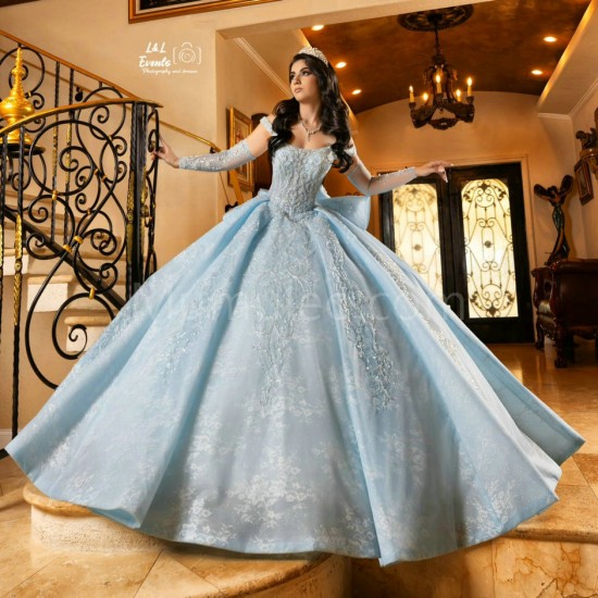 Off Shoulder Sky Blue 15 Dresses Lace Appliques Square Collar Quince Dress With Bow