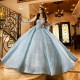 Off Shoulder Sky Blue 15 Dresses Lace Appliques Square Collar Quince Dress With Bow