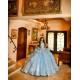 Off Shoulder Sky Blue Quinceanera Dress Lace Appliques Scoop Neck Sweet 15 Gowns