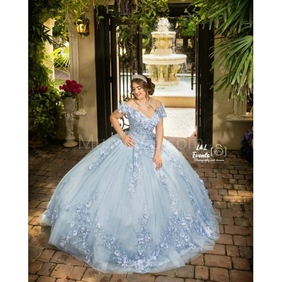 Off Shoulder Sky Blue Quinceanera Dress Sweetheart Neck Sweet 15 Gowns With 3D Flowers