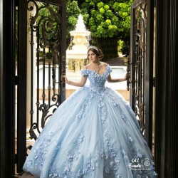 Off Shoulder Sky Blue Quinceanera Dress Sweetheart Neck Sweet 15 Gowns With 3D Flowers