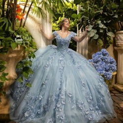 Off Shoulder Sky Blue Quinceanera Dress Sweetheart Neck Sweet 15 Gowns With 3D Flowers