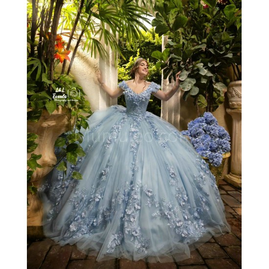 Off Shoulder Sky Blue Quinceanera Dress Sweetheart Neck Sweet 15 Gowns With 3D Flowers