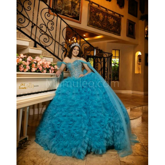 Ruffled Blue Quinceanera Dress Crystal Sweetheart Neck Sweet 15 Gowns