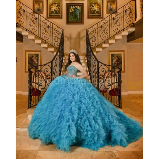 Ruffled Blue Quinceanera Dress Crystal Sweetheart Neck Sweet 15 Gowns