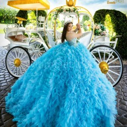 Ruffled Blue Quinceanera Dress Crystal Sweetheart Neck Sweet 15 Gowns