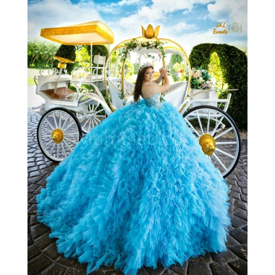 Ruffled Blue Quinceanera Dress Crystal Sweetheart Neck Sweet 15 Gowns