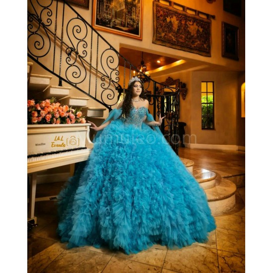 Ruffled Blue Quinceanera Dress Crystal Sweetheart Neck Sweet 15 Gowns