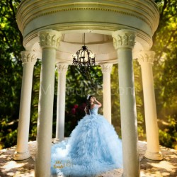 Ruffled Sky Blue Quinceanera Dress Off Shoulder Sweetheart Neck Sweet 15 Gowns