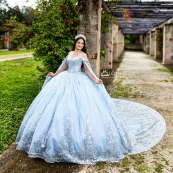 Sweetheart Neck Sky Blue 15 Dresses Lace Appliques Cape For Quince Dress