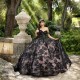 Sleeveless Black Quinceanera Dress Sweetheart Neck Sweet 15 Gowns With 3D Flowers