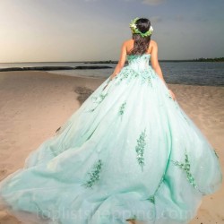 Light Green Quinceanera Dresses Vestidos De 15 Quinceañera Fiesta Applique Lace Beads Tull Off the Shoulder Ball Gown Sweet 16