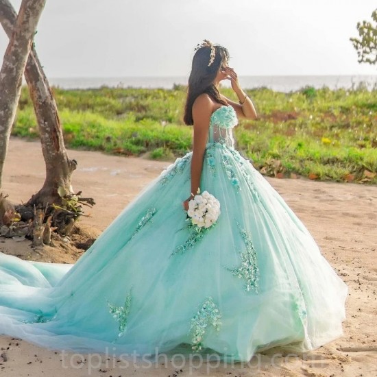 Light Green Quinceanera Dresses Vestidos De 15 Quinceañera Fiesta Applique Lace Beads Tull Off the Shoulder Ball Gown Sweet 16