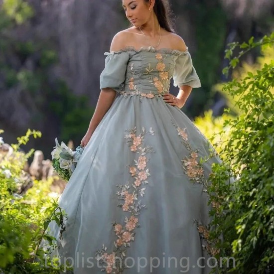 Light Green Sexy Strapless Ball Gown Quinceanera Dresses 15 Years Sexy Off-Shoulder Applique Tulle Formal Princess